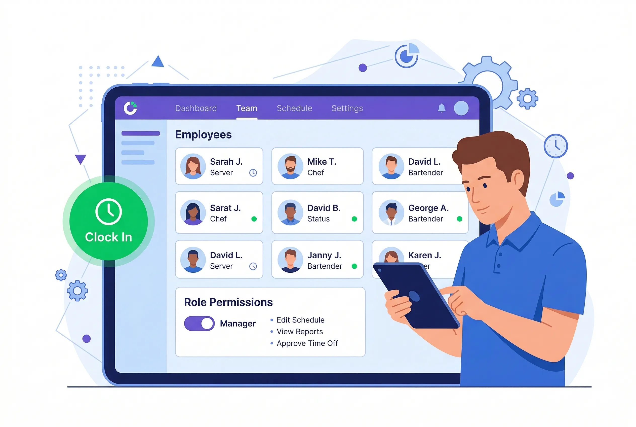 Staff management dashboard with attendance tracking